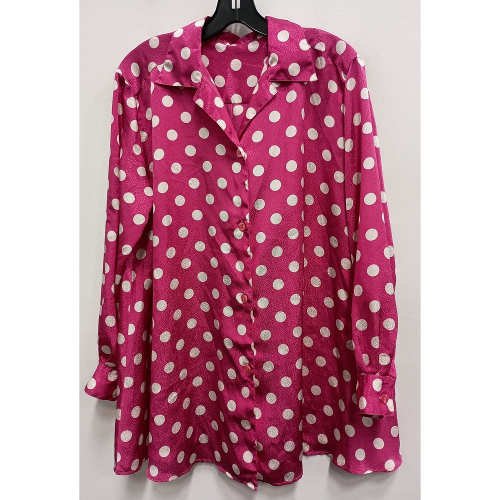 Vintage 90s Pink Polka Dot Satin Blouse Top Womens 1X Button Up Long Sleeve